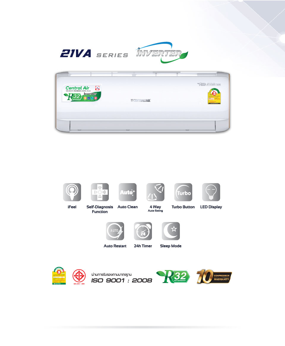 แอร์ CENTRAL AIR INVERTER แบบติดผนัง แอร์ใหม่ปี2021 น้ำยา R32 รับประกันอะไหล่ 2ปี คอมเพลสเซอร์ 10 ปี