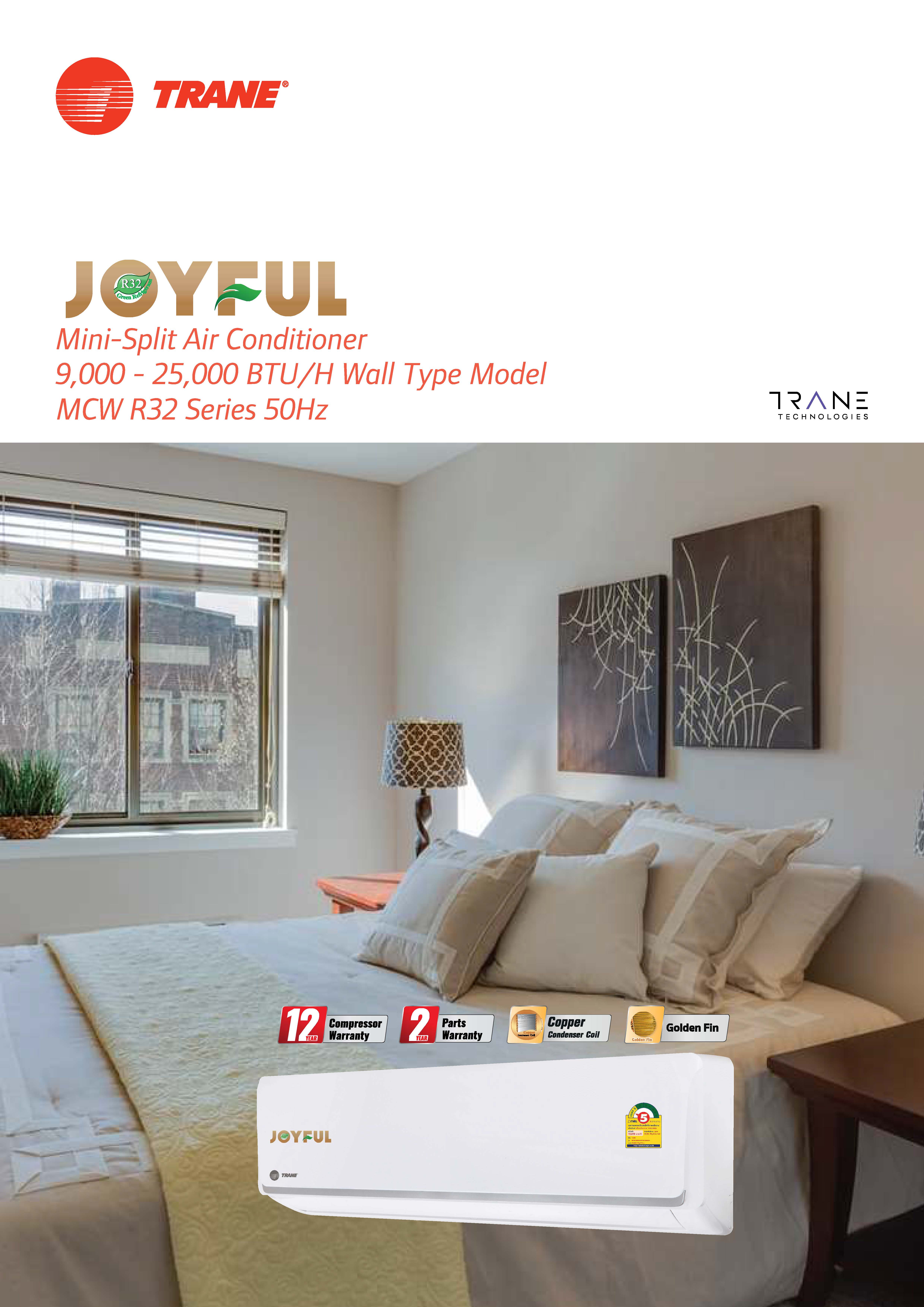 แอร์ติดผนัง TRANE รุ่น JOYFUL รุ่นใหม่ล่าสุดปี2021 รับประกันอะไหล่ 2 ปี คอมเพลสเซอร์ 12 ปี