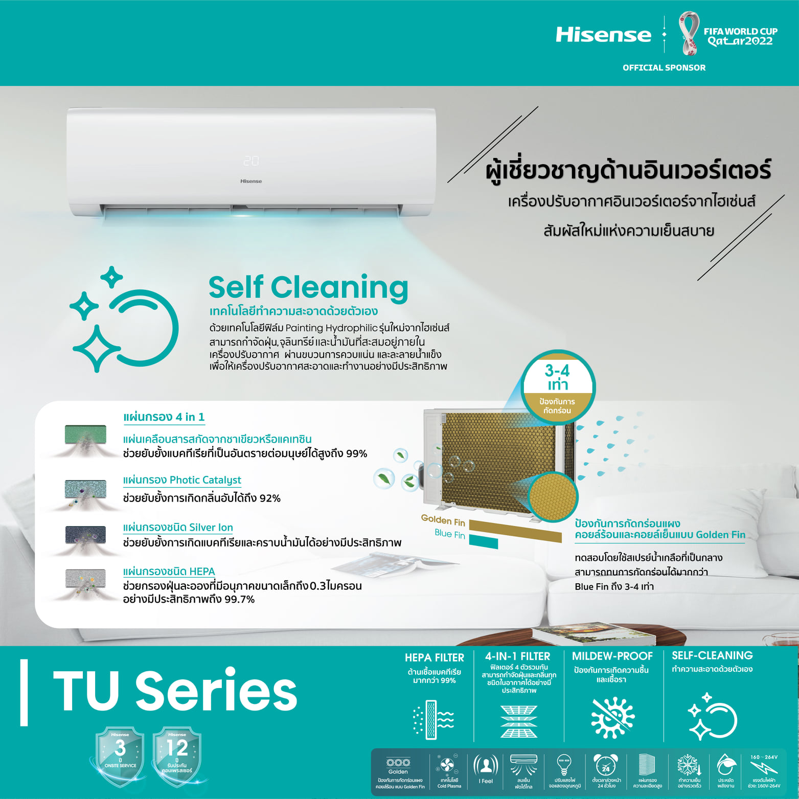 แอร์ Hisense Inverter รุ่น TU series น้ำยาR32 รุ่นใหม่ล่าสุดปี 2023 รับประกันอะไหล่ 3 ปี คอมเพลสเซอร์ 12ปี ฟรีค่าแรง 3 ปี คอยล์ทองแดง100%